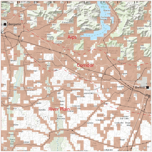 Figure 3. Topographic map of the ilustration case Bergamo–Brescia. Source: authors own; data sources background map for all figures: World_Topo_Map: Esri, HERE, DeLorme, Intermap, increment P Corp., GEBCO, USGS, FAO, NPS, NRCAN, GeoBase, IGN, Kadaster NL, Ordnance Survey, Esri Japan, METI, Esri China (Hong Kong), swisstopo, MapmyIndia, © OpenStreetMap contributors, and the GIS User Community.