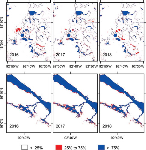 Figure 4. Results from the annual and tri-annual water presence maps based on monthly time series. A close-up of different areas are shown for each year