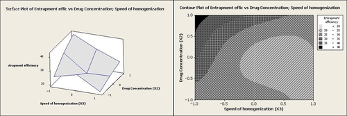 Figure 4. Counter plot and response surface plot for the effects of the drug concentration and the homogenization speed on entrapment efficiency.