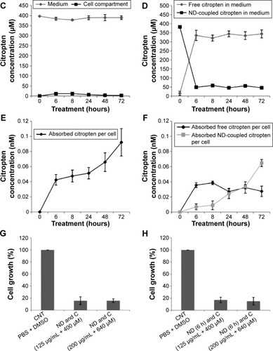 Figure 2 Internalization kinetics of citropten in B16F10 cells and relative quantification (A–F).Notes: Cells were treated for 0 hour (actually 1 minute), 6 hours, 8 hours, 24 hours, 48 hours, and 72 hours with pure C (A and B) or ND + C (C–F). The C amount was measured both in the culture medium and the cell compartment (A and C). Metabolite concentration per cell was also quantified (B and E). For the treatments with ND + C, the levels of free and ND-functionalized citropten, respectively in culture solution and in cell compartment, were independently detected (D and F). Results are expressed as concentration of citropten. The MTT assay (G and H) performed on B16F10 cells for 72 hours with PBS + DMSO, separated ND and C (125 μg/mL and 400 μM or 200 μg/mL and 640 μM), and separated ND (pretreatment for 6 hours) + C (125 μg/mL and 400 μM or 200 μg/mL and 640 μM). Cell growth was reported as percentage compared to the respective control, considered as 100%. All data are shown as mean ± SD of three independent experiments (P<0.02 vs control for the experiments reported in A–F and P<0.007 vs control for the experiments in G and H).Abbreviations: C, citropten; ND, nanodiamond; MTT, 3-(4,5-dimethyl-thiazol-2-yl)-2,5-diphenyltetrazolium bromide; PBS, phosphate-buffered saline; DMSO, dimethyl sulfoxide; SD, standard deviation; h, hour.