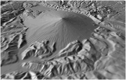 Figure 1. An artificial cone added to the terrain model of Mount Hood to simulate the behavior of lahar flows.