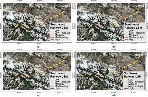 Figure 12. LSM of the southwest railway: (a) LR; (b) SVM; (c) LSTM; (d) Linformer.