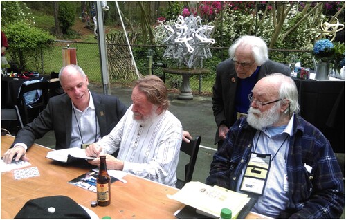 Figure 3. Left to right: John Railing, John Conway, Richard Guy, David Singmaster. Image: Colin Wright