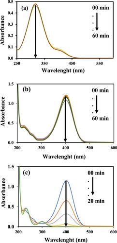 Figure 5. Time-dependent UV–Vis absorption spectra of 4-NP (a) in the presence of catalyst only, (b) in the presence of NaBH4 only, (c) in the presence of catalyst and NaBH4. Reaction conditions: 1 mM aqueous solution of 4-Nitrophenol = 30 ml, NaBH4 = 0.113 g, GO–Co nanocatalyst = 3.6 mg, 30°C, 100 rpm.