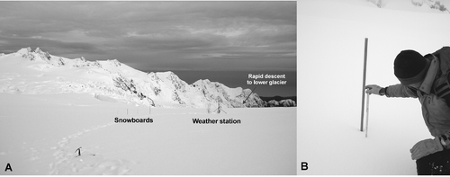 FIGURE 3 (A) Site layout at Franz Josef Glacier showing the four snowboards and automatic weather station. Photo taken looking to the southwest. (B) Snow depth measurement. The solid wooden ruler is easily inserted through the snow down to the wooden board. The central poles ensure relocation of boards after each snowfall.