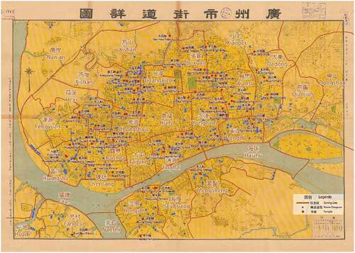 Figure 6. Distribution of Namo Daoguans and temples in Guangzhou during ROC period. From the map, we can see the number of Namo Daoguans and temples distributed under different partitions and the distribution relationship. We can also see the relationship between the distribution of Daoguans and waterways. (Source: Drawn by author).