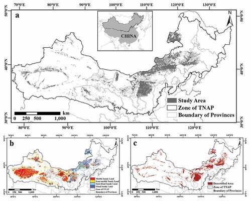 Figure 1. Spatial distribution of study area. (a) shows the study area, consisted of sandy land and desertification area around the deserts in the TNAP; (b) shows all the sandy land and desert in the TNAP region (the four major sandy lands of Horqin Sandy Land, Otindag Sandy Land, Hulunbuir Sandy Land, and Mu Us Sandy Land are marked as I~Ⅳ, and the eight major deserts of Taklimakan Desert, Gurbantünggüt Desert, Kumtag Desert, Tengger Desert, Ulan Buh Desert, Kubuqi Desert, Qaidam Basin Desert, and Badain Jaran Desert are marked as Ⅴ~VII); and (c) shows the distribution of desertified land in the TNAP region.