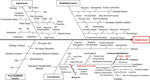 Figure 1 Employment driver diagram. The impairment branch is common to the 11 SCI-High Project domains. UEMS: Upper-Extremity Motor Score; LEMS: Lower-Extremity Motor Score; NLI: Neurological Level of Injury; AIS: ASIA Impairment Scale; HR: Heart Rate, BP: Blood Pressure; sES: Socioeconomic Status; WPAI: Work Productivity & Activity Impairment; RRTW: Readiness for Return-To-Work IPS: Individual Placement and Support