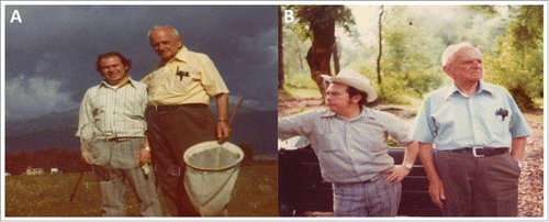 Figure 1. Victor Salceda (left) and Theodosius Dobzhansky (right) during fly collecting trips in 1974 on the outskirts of the Popocatépetl volcano (A) and Michoacán (B). Photos are courtesy of Victor Salceda.