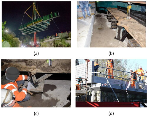 Figure 10. The rehabilitation of Oranmore bridge: (a) deck lift; (b)view on top of new precast concrete abutments and bearings; (c) bridge support bearing installation; and (d) side view of new precast concrete abutments.