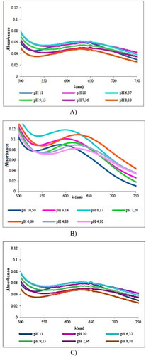 Figure 4. UV–vis spectra at different pH values of the systems: (A) Cu(II)-L-His, (B) Cu(II)-L-Ser and (C) Cu(II)-L-Glu.