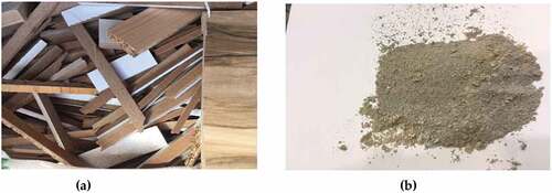 Figure 1. (a) Raw medium-density fiberboard wastes (b) MDFWS before grinding.