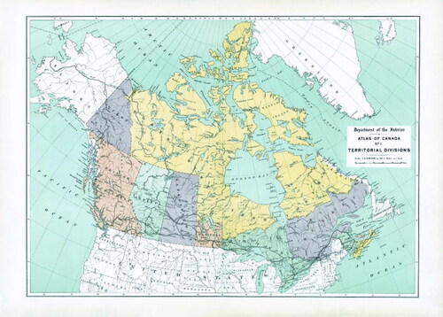 Figure 4. A 1906 Map, First Edition of the Atlas of Canada. The demarcation of the sector line on this map by the Canadian Department of the Interior is the same as the demarcation of Canada’s borders. Source: https://open.canada.ca/data/en/dataset/00eae6e2-d015-5732-aeca-871de6375dee