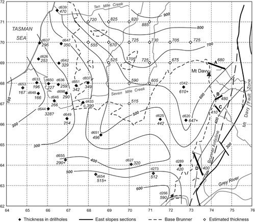 Figure 4 Isopachs (m) of Paparoa Group sequence in Greymouth Coalfield Basin, based on drillholes that recorded the full sequence and, north of the base Brunner outcrop, isopachs for Jay Formation to Goldlight Mudstone from Ward (Citation1997) and for Dunollie Coal Measures from Gage (Citation1952). A, Bray Creek; B, south branch, Dublin Creek; C, Rocky Creek; D, Stony Creek.