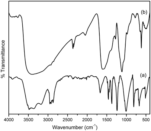 Figure 4. FTIR transmission spectra of (a) HMTA and (b) HMTA-stabilised ZnS nanoparticles.