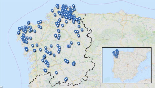 Figure 1. Wind farm locations in Galicia. Source: Own elaboration. Data from (OEGA: Observatorio Eólico de Galicia, Citation2021).