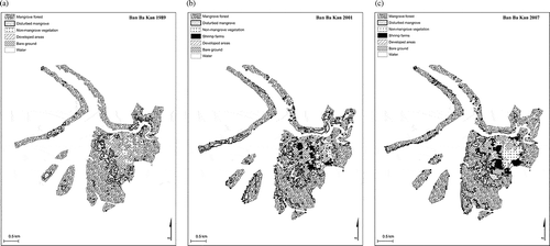 Figure 4. Land-cover classification map of Ban Ba Kan: (a) 1989, (b) 2001, (c) 2007.