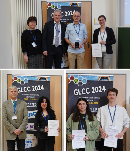 Figure 3. Award winners of the GLCC 2024. Top: Prof. Dr. Albert Schenning, winner of the alfred Saupe Award, pictured alongside (from left) Melanie Klasen-Memmer (Merck Electronics KGaA), Prof. Dr. Matthias Lehmann, and on his right, Dr. Johanna Bruckner. Bottom Left: Dr. Eva Otón, speaker of the Daniel Vorländer Lecture, together with Prof. Dr. Heinz Kitzerow. Right: Foteini Trigka and Florian Kolb, winners of the 2024 Young Scientist Award. Picture taken by the group of Prof. Dr. Giese.