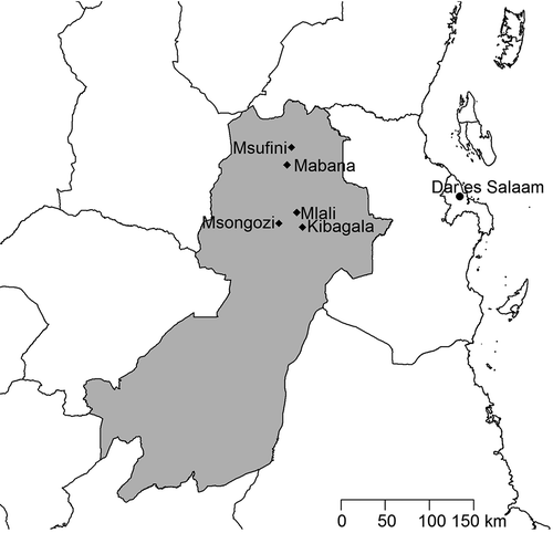 Fig. 1 Locations of villages included in the tomato disease survey in the Morogoro Region of Tanzania. The Morogoro Region is shaded in grey, with diamonds indicating village locations.