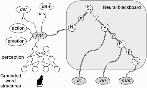 Figure 4. Illustration of the combinatorial structure The cat is on the mat (ignoring the), with grounded representations for the words. The circles in the neural blackboard represent populations and circuits of neurons. The double line connections represent conditional connections. (N, n=noun; P, p=preposition; S=sentence; V, v=verb.)