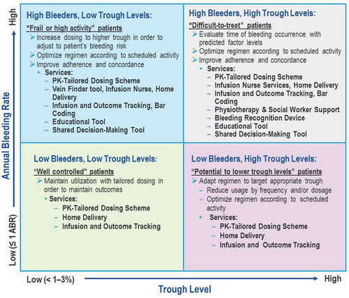 Figure 1. Examples of personalized care and integrated services of an innovative outcome-based care and procurement model. The goal of the Innovative Outcome-based Care and Procurement Model is to efficiently provide clotting factors to people with hemophilia. Here we list potential supportive tools for physicians and patients grouped according to trough levels and bleeding frequency to reduce or eliminate bleeds.