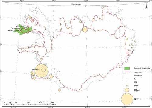 Figure 1. A map of the research area, Southern Westfjords (published with permission from the National Land Survey of Iceland)