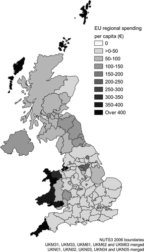 Figure 1. Level of European Union regional spending in UK regions, 2007–13.