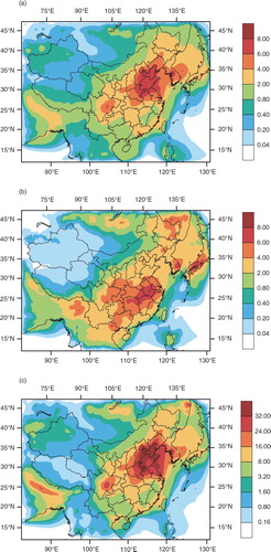 Fig. 5 (a) ASOA, (b) BSOA, and (c) ISOA concentration (µg m−3) at model surface averaged over July 2006.