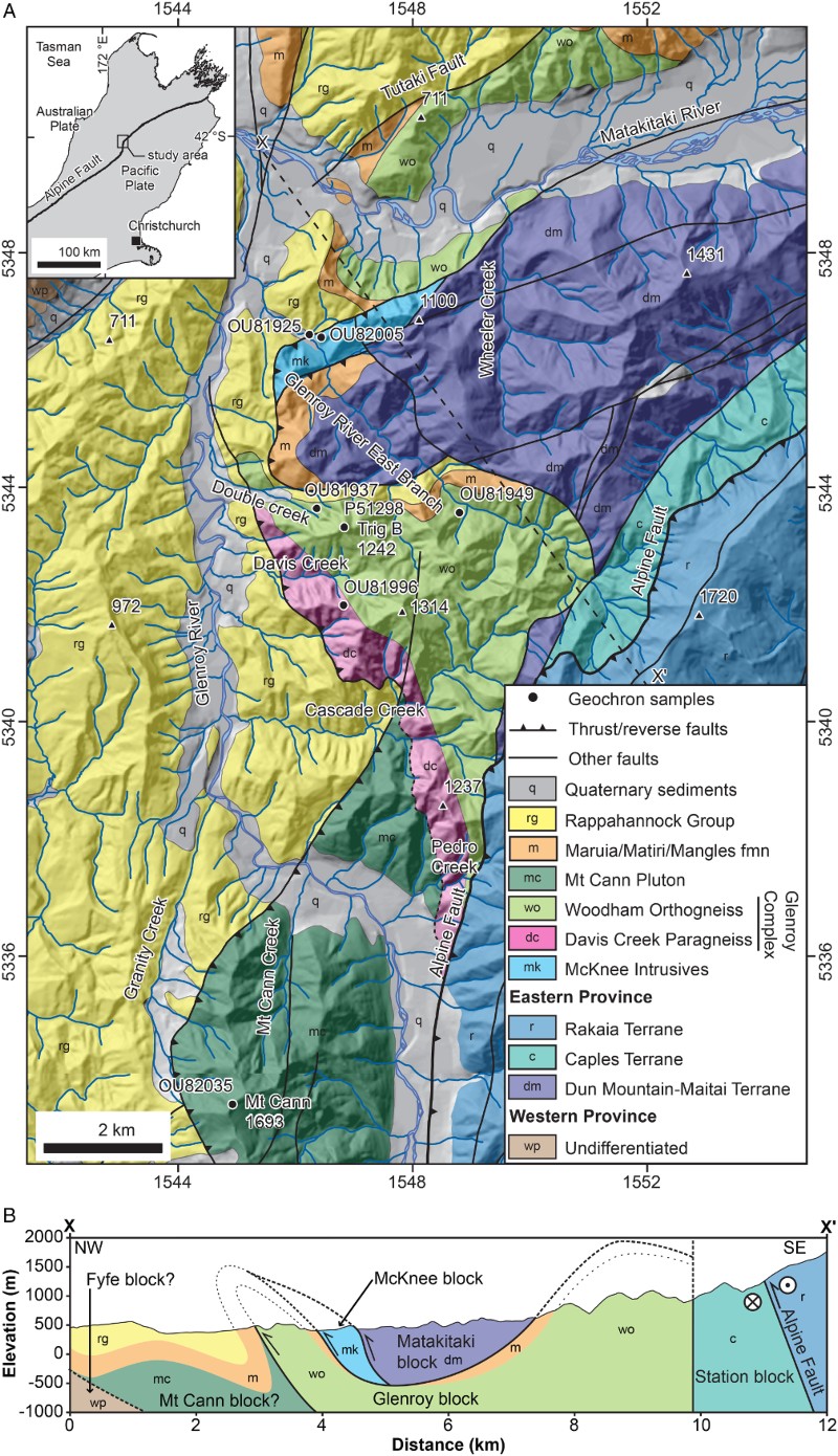 Figure 1. A, Geological map of the Glenroy area, compiled from new field-mapping, Cutten (Citation1987), Campbell (Citation1992) and Rattenbury et al. (Citation2006). Topographic data sourced from the Land Information New Zealand (LINZ) Data Service, and licensed for re-use under the Creative Commons Attribution 3.0 New Zealand licence. Map coordinates refer to NZTopo50 map series. B, Schematic cross-section through the Matakitaki foreland thrust system illustrating the geometry of contacts between the fault-bound blocks (after Cutten Citation1987; Campbell Citation1992).