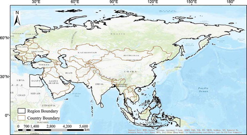 Figure 1. Location and distribution of 65 countries along the B&R region (The base image in Figure 1 comes from World Topographic Map, Esri. The blue part represents the ocean, and the rest represents the land)