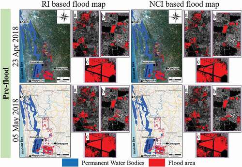 Figure 6. Change detection based flood maps obtained from pre-flood images. The figures (a), (b), (c) are the enlarged part of the rectangles shown in the left figures, but with SAR image as background. The rectangles are overlaid on Sentinel-2 true colour image on the top row and Open Street MAP (OSM) at the other rows