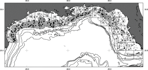 FIGURE 1. Distribution of sampling stations with zero (× symbol) and positive catches of Red Snapper during the 2011 supplemental survey (grey circle; progressively increasing size of circle indicates number landed per set: 1–4, 5–10, 10–13, 14–17, 18+). Solid dark symbols indicate capture locations of females with spawning markers (round symbols: bottom longline gear, triangles: bandit gear). The 50-, 100-, 200-, 1,000-, 1,300-, and 2,000-m isobaths are indicated. Statistical subareas are denoted from 1 to 21 within U.S. Gulf of Mexico waters. Numbers along horizontal and vertical borders of figure are longitude and latitude, respectively. Note that symbols are for graphical illustration and do not reflect scale of area fished per station.