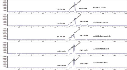 Figure 2. The obtained typical chromatograms using different solvents for strawberry fruit.