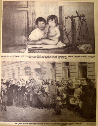 Figure 9. Top: ‘The American child relief action provides not only free lunch but also free breakfast on behalf of poor children. They recruit those who are eligible to receive breakfast. Our picture: Weighing a small one’. Bottom: ‘Mothers with their infants in front of the Stefánia Foundation in Újpest, waiting for free breakfast’. Source: Érdekes Ujság 9, no. 13 (1921), 3.