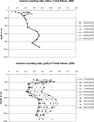 Fig. 11 Profiles of neutron probe ratio (a surrogate for soil water content) under fallow (top) and under the gully (bottom) as an example in 2006.