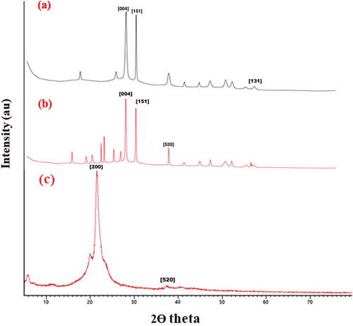 Figure 7. XRD pattern of PA-12/CuONPs (a), CuO nanoparticles (b) and PA-12 (c).