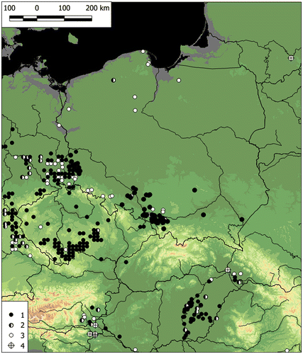 Figure 8. The diversity of Elatine triandra recording over time in Central Europe. 1, after 1990 (in Germany 1980), 2, in the years 1945–1990 (in Germany 1945–1980); 3, before 1945; 4, date unknown. Younger value covers the older one.