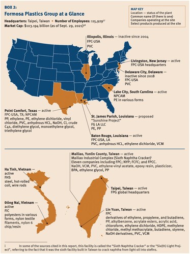 Figure 3 Map showing Formosa Plastics operations around the world, excerpted from the report “Formosa Plastics Group: A Serial Offender of Environmental and Human Rights,” published by the Center for International Environmental Law in collaboration with the Center for Biological Diversity and Earthworks. The report covers Formosa's long track record of violations, the special hazards of plastics production, the corporation's complex web of subsidiaries, and plans to expand Formosa’s operations in Louisiana (Patton et al. Citation2021). Reproduced under Creative Commons Attribution 4.0 International License.