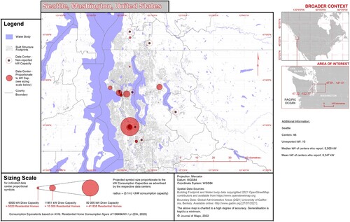 Figure 3. Data centers in Seattle. A map of Seattle with 46 opaque circles plotted over the underlying country. Each circle corresponds to the location of a Seattle data center. Red opaque circles vary in size to reflect the kilowattage capacity of the data center in that location. Their radii are based on the following formula: (0.1 m)*(kW Consumption Capacity). Seattle’s data centers have a diverse range of radii, some boasting capacities near 50,000 kW, the equivalence of 40,000 residential homes based on 2020 figures from the EIA. Black opaque circles represent data centers whose kW capacities were not reported and could not be found. Seattle’s map features very few black circles.