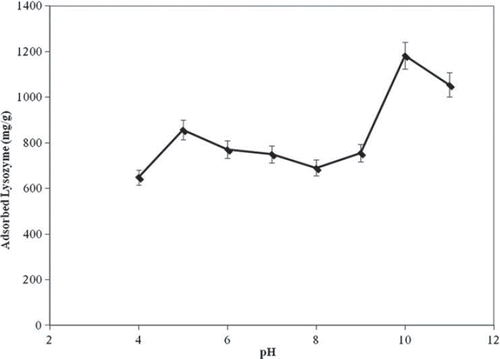 Figure 5. The effect of pH on lysozyme adsorption: lysozyme concentration: 1.0 mg/mL; incubation time: 2 h; temperature: 25°C.