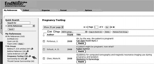 FIGURE 1 EndNote Web, showing the shared group for Pregnancy Testing team.