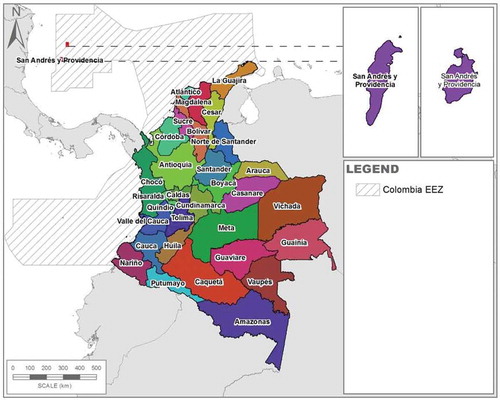 Figure 1. Map of Colombia in South America and Exclusive Economic Zone (EEZ)