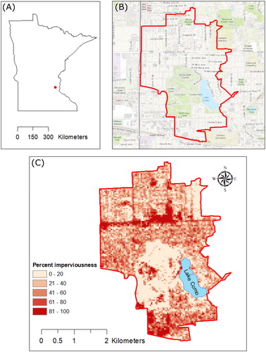 Figure 1. (A) Location of Como Lake in Saint Paul, MN. (B) The 721 ha watershed includes a regional park and single-family residential neighborhoods. (C) Impervious surface cover varies across the watershed.