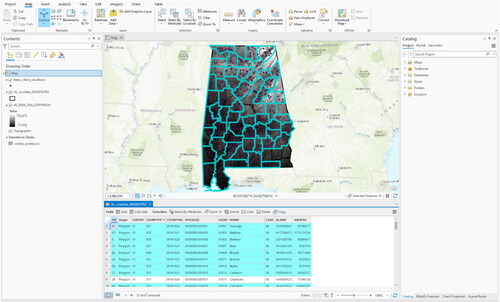 Figure 15. The results of the Select by Location query (Figure 14) which show the selected counties that intersect with colony locations, thus, all the county polygons with colony location points inside of them.