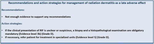 Figure 7. Recommendations and action strategies for management of radiation dermatitis. The recommendations are based upon direct research evidence whereas action strategies are based on relevant literature concerning pelvic radiation disease in general. Recommendations marked A are the strongest, whereas recommendations marked D are the weakest according to the “Oxford Centre for Evidence-Based Medicine Levels of Evidence and Grades of Recommendations”. As action strategies are not based direct research evidence these are all marked D, however the quality of the associated literature is listed with evidence level.