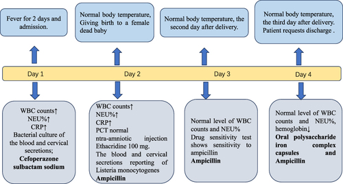 Figure 1 The timeline of the clinical presentations, assessment, and treatment of the pregnant women.