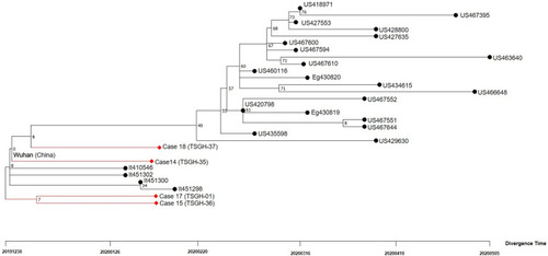 Figure 2 Estimating TSGH strains using TimeTree with MEGA X. Strain names: Wuhan, severe acute respiratory syndrome coronavirus 2 isolate Wuhan-Hu-1; TSGH, this study. Numbers associated with strain names are GISAID Accession IDs.