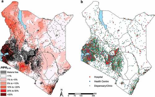 Figure 2. Distribution of the 5782 geocoded public health facilities in DHIS2 with coordinates out of the 5933 public facilities. (a) – Location of all facility types overlaid on a malaria endemicity map of Plasmodium falciparum prevalence in 2015 among children 2–10 years of age (PfPR2-10) in Kenya at 1 × 1 km spatial resolution [Citation31] (b) Map showing the location of facilities categorized by facility types.