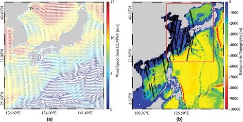 Figure 2. (a) Wind map from the European Centre for ECMWFfor 09:00 UTC on 4 April 2020. (b) Water depth map extracted from GEBCO. The black rectangle represents the spatial coverage of the image in Figure 1. The red rectangle in Figure (b) represents the area shown in Figure (a).