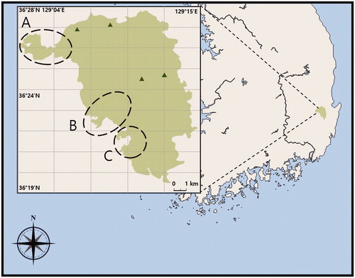 Figure 1. The location of Mount Juwang is presented by green color. The long dashed circles are indicated around the Dalgi Falls (A), Yongchu Falls (B), and Jusan Reservoir (C) in Mountain Juwang. The Calocybe decolorata, Crepidotus brunnescens, and Mycena pearsoniana were collected around the Dalgi Falls (A), and Psathyrella phegophila was around from Jusan Reservoir (C), and P. sulcatotuberculosa was around from Yongchu Falls (B).